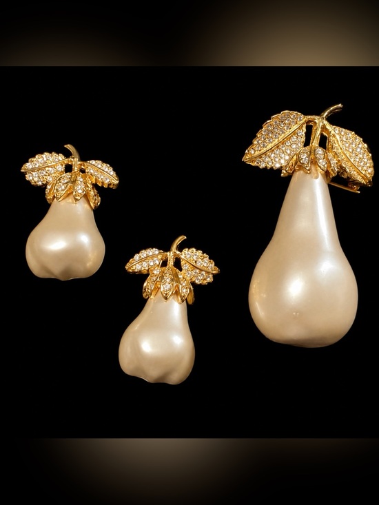 Kenneth Jay Lane Jewelry - Kenneth Jay Lane KJL Large Pearl Pear Crystals Leaf Gold Clip Earrings & Brooch